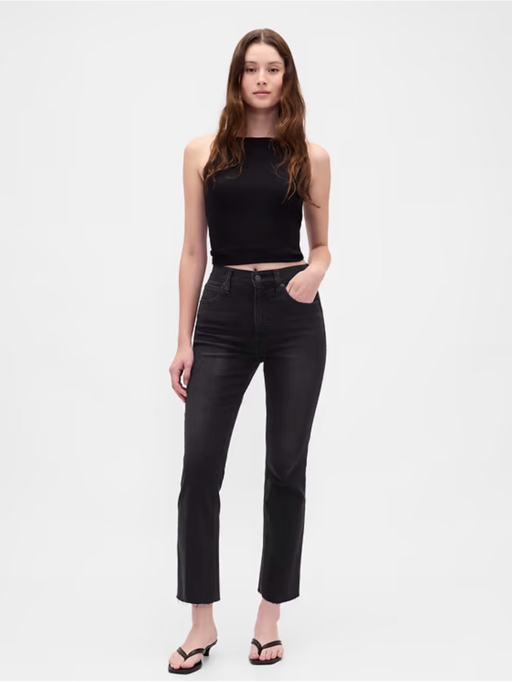 GAP 29/8R High-Rise Kick Fit Crop Jeans - Black with raw cut hem